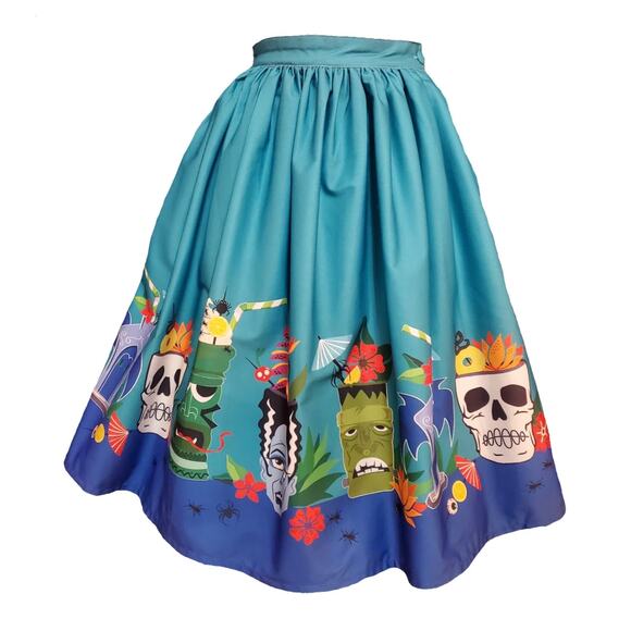 Unique Vintage Dresses & Skirts - Unique Vintage Blue Tiki Monsters Gellar Swing Skirt S 4 NWT